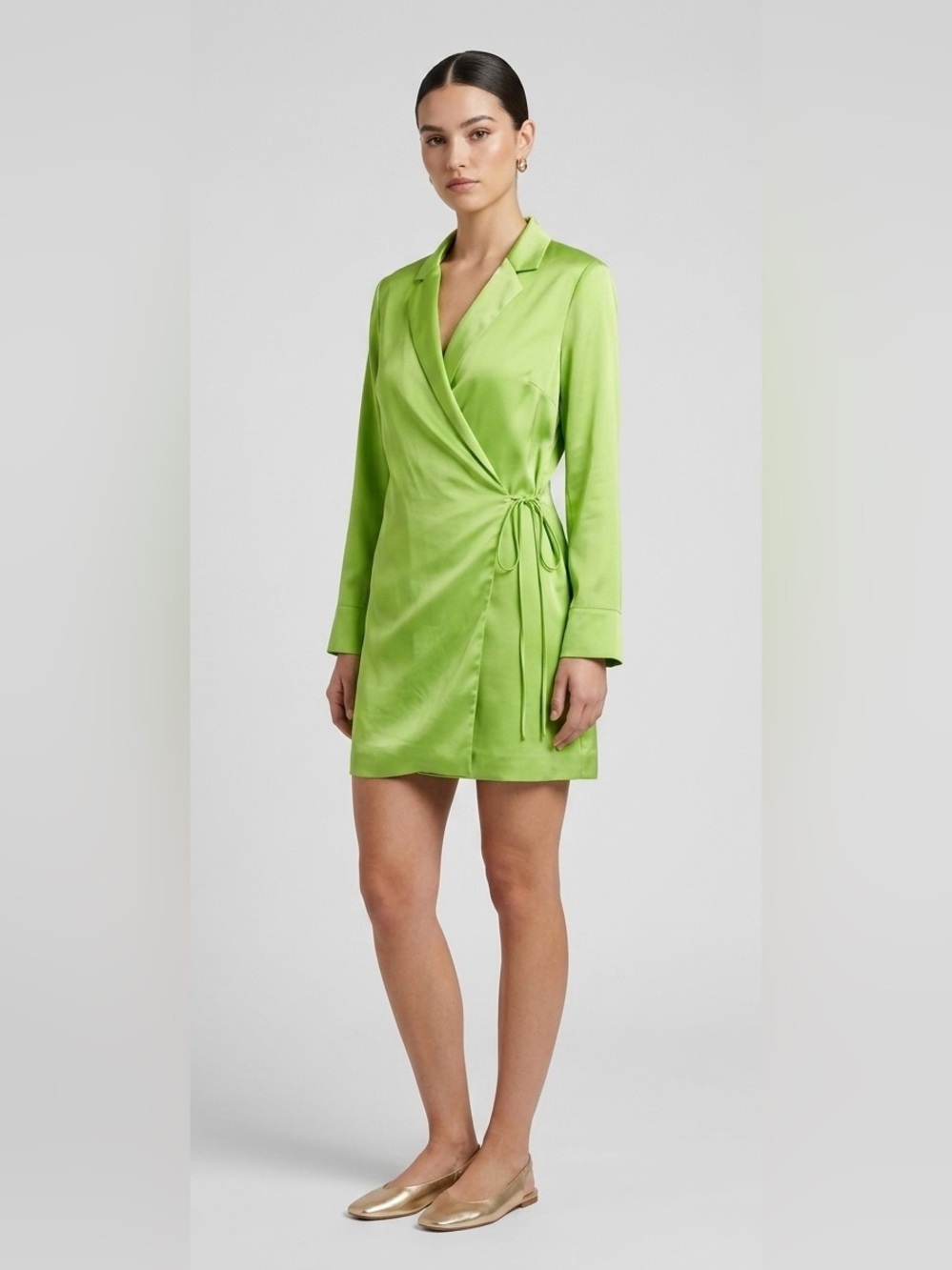 Mother of All Lime Green Satin Blazer Wrap Mini Dress | Long Sleeve Side Tie